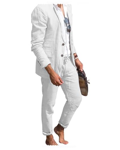 Tiavllya Herren Leinen Anzug 2-teilig Strand Hochzeit Casual Sommer Anzüge für Bräutigam Blazer Hosen Anzüge （48, Weiß） von Tiavllya