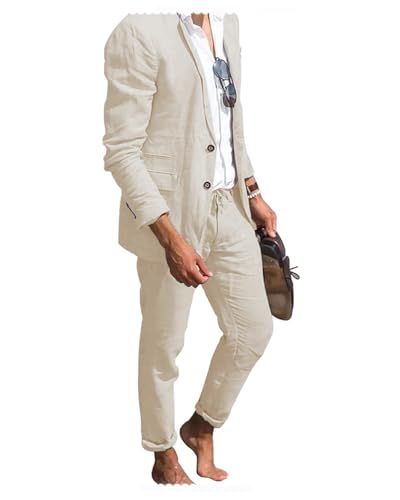 Tiavllya Herren Leinen Anzug 2-teilig Strand Hochzeit Casual Sommer Anzüge für Bräutigam Blazer Hosen Anzüge （50, Beige） von Tiavllya