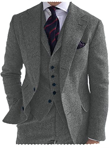 Tiavllya Herren Tweed Anzug 3-teilig Slim Fit Herringbone Wolle Anzüge Single Breasted Smokings Bräutigam Hochzeit Anzug （48, Grau） von Tiavllya