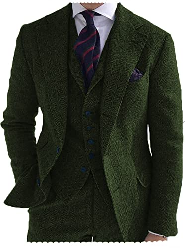 Tiavllya Herren Tweed Anzug 3-teilig Slim Fit Herringbone Wolle Anzüge Single Breasted Smokings Bräutigam Hochzeit Anzug （50, Armeegrün） von Tiavllya