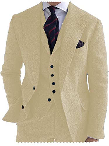 Tiavllya Herren Tweed Anzug 3-teilig Slim Fit Herringbone Wolle Anzüge Single Breasted Smokings Bräutigam Hochzeit Anzug （52, Champagner） von Tiavllya