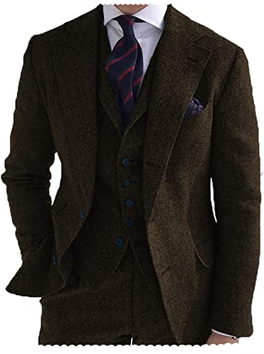 Tiavllya Herren Tweed Anzug 3-teilig Slim Fit Herringbone Wolle Anzüge Single Breasted Smokings Bräutigam Hochzeit Anzug （60, Kaffee） von Tiavllya