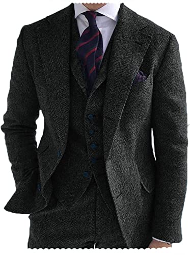 Tiavllya Herren Tweed Anzug 3-teilig Slim Fit Herringbone Wolle Anzüge Single Breasted Smokings Bräutigam Hochzeit Anzug （60, Schwarz） von Tiavllya