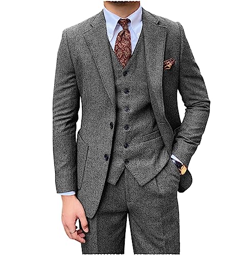 Tiavllya Herren Tweed Anzug 3-teilige Vintage Herringbone Wolle Slim Fit Formelle Smokings Hochzeit Anzüge für Männer （44, Grau） von Tiavllya