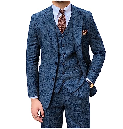 Tiavllya Herren Tweed Anzug 3-teilige Vintage Herringbone Wolle Slim Fit Formelle Smokings Hochzeit Anzüge für Männer （46, Blau） von Tiavllya