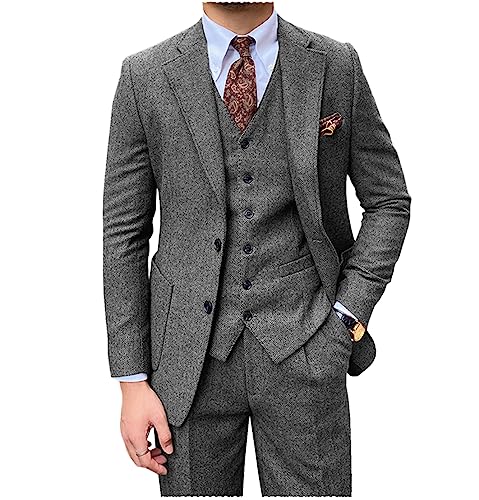 Tiavllya Herren Tweed Anzug 3-teilige Vintage Herringbone Wolle Slim Fit Formelle Smokings Hochzeit Anzüge für Männer （46, Grau） von Tiavllya