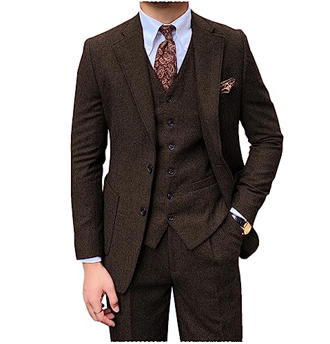 Tiavllya Herren Tweed Anzug 3-teilige Vintage Herringbone Wolle Slim Fit Formelle Smokings Hochzeit Anzüge für Männer （48, Kaffee） von Tiavllya