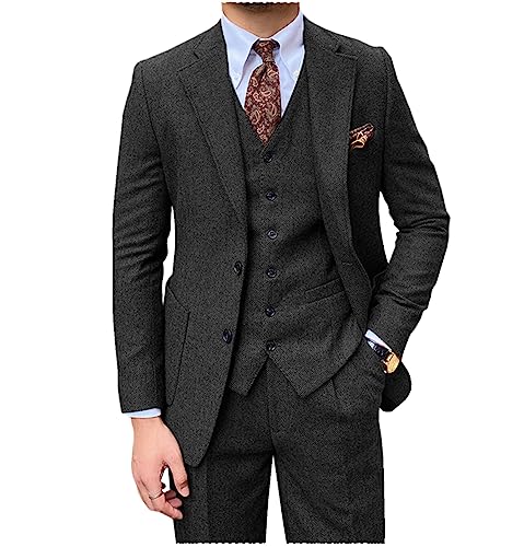 Tiavllya Herren Tweed Anzug 3-teilige Vintage Herringbone Wolle Slim Fit Formelle Smokings Hochzeit Anzüge für Männer （48, Schwarz） von Tiavllya