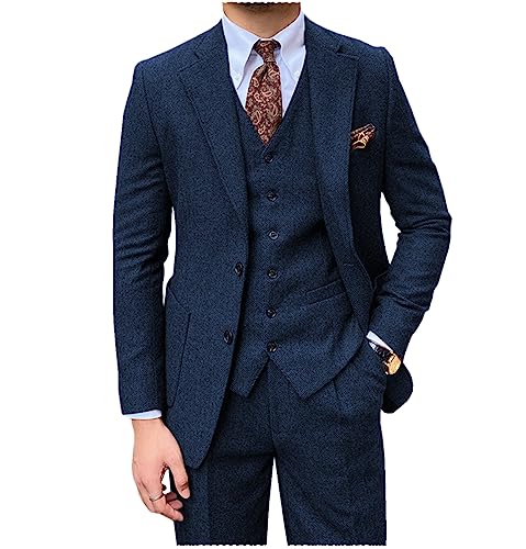 Tiavllya Herren Tweed Anzug 3-teilige Vintage Herringbone Wolle Slim Fit Formelle Smokings Hochzeit Anzüge für Männer （50, Marine） von Tiavllya