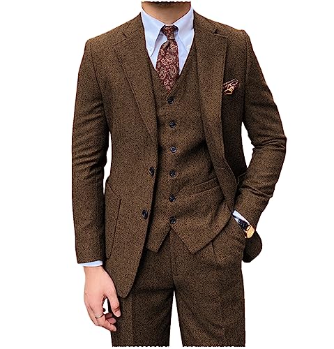 Tiavllya Herren Tweed Anzug 3-teilige Vintage Herringbone Wolle Slim Fit Formelle Smokings Hochzeit Anzüge für Männer （56, Braun） von Tiavllya