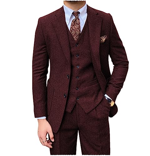 Tiavllya Herren Tweed Anzug 3-teilige Vintage Herringbone Wolle Slim Fit Formelle Smokings Hochzeit Anzüge für Männer （58, Burgund） von Tiavllya
