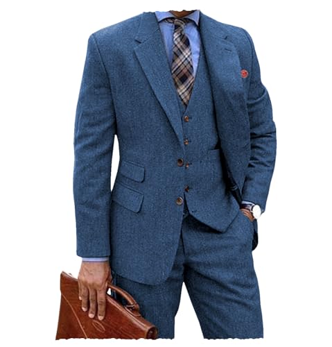 Tiavllya Herren Tweed Anzug 3-teilige Vintage Hochzeit Anzüge Business Wolle Mischung Smokings Blazer Weste Hose Set （50, Blau） von Tiavllya