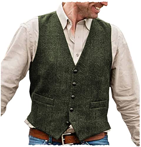 Tiavllya Herren Tweed Herringbone Anzug Weste Hochzeit Vintage-Lässig Wolle Single Breasted Weste（XS, Armeegrün） von Tiavllya