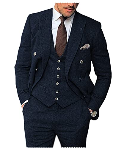 Tiavllya Herren Tweed Wolle Anzug 3-teilige Vintage Fischgrätanzüge Business Prom Smokings für Hochzeit Bräutigam （52, Marine） von Tiavllya