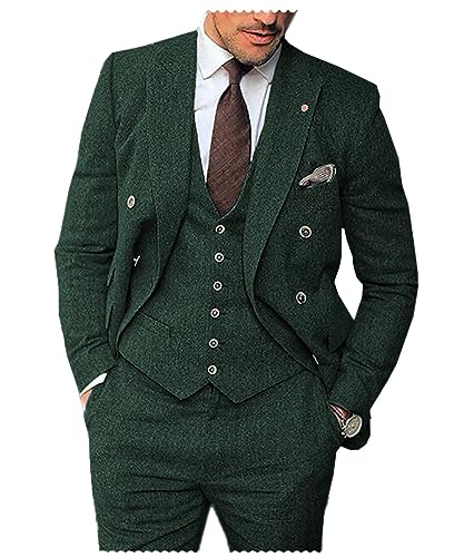 Tiavllya Herren Tweed Wolle Anzug 3-teilige Vintage Fischgrätanzüge Business Prom Smokings für Hochzeit Bräutigam （58, Jagdgrün） von Tiavllya