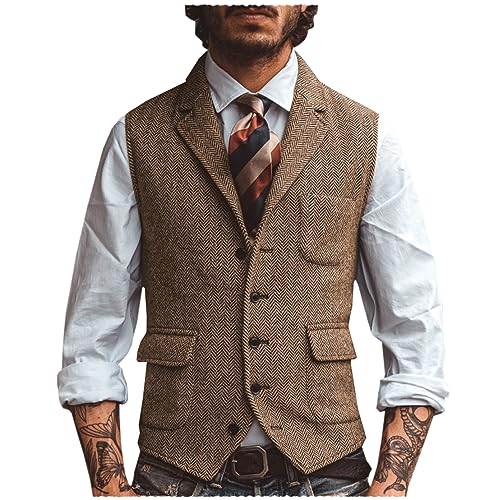 Tiavllya Herren Wolle Herringbone Anzug Weste Business Casual Slim Fit Revers Tweed Weste（L, Braun） von Tiavllya