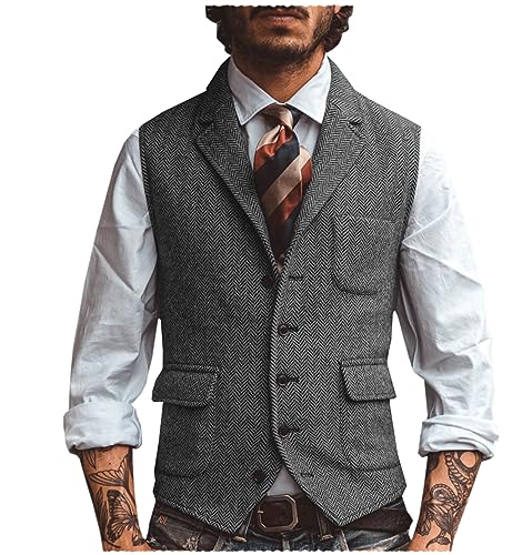 Tiavllya Herren Wolle Herringbone Anzug Weste Business Casual Slim Fit Revers Tweed Weste（L, Grau） von Tiavllya