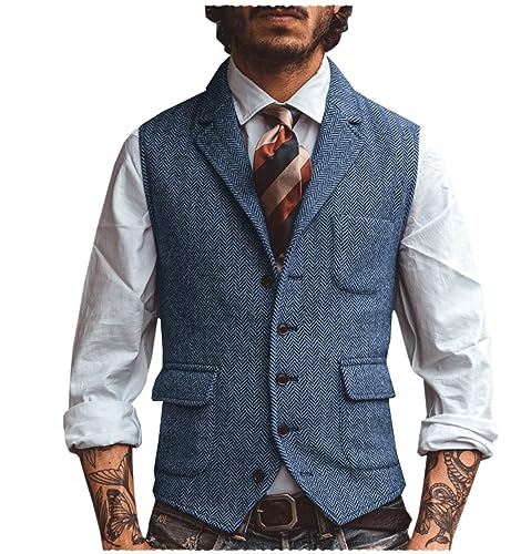 Tiavllya Herren Wolle Herringbone Anzug Weste Business Casual Slim Fit Revers Tweed Weste（L, Hellblau） von Tiavllya