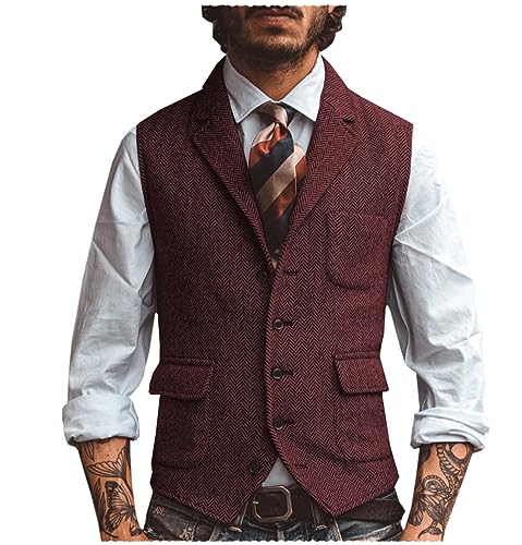 Tiavllya Herren Wolle Herringbone Anzug Weste Business Casual Slim Fit Revers Tweed Weste（S, Burgund） von Tiavllya