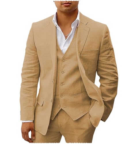 Tiavllya Leinen Anzüge für Herren 3-teilige Sommer Casual Strand Hochzeit Bräutigam Anzüge Slim Fit Blazer Hosen und Weste Smoking Set （50, Braun） von Tiavllya