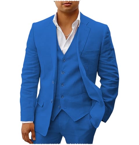 Tiavllya Leinen Anzüge für Herren 3-teilige Sommer Casual Strand Hochzeit Bräutigam Anzüge Slim Fit Blazer Hosen und Weste Smoking Set （54, Blau） von Tiavllya