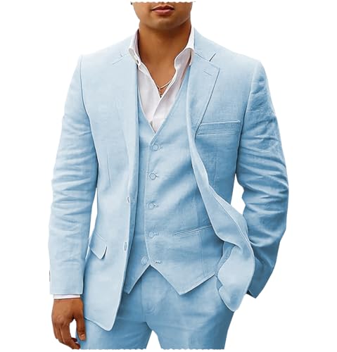 Tiavllya Leinen Anzüge für Herren 3-teilige Sommer Casual Strand Hochzeit Bräutigam Anzüge Slim Fit Blazer Hosen und Weste Smoking Set （54, Hellblau） von Tiavllya