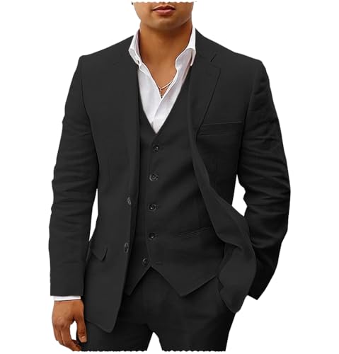 Tiavllya Leinen Anzüge für Herren 3-teilige Sommer Casual Strand Hochzeit Bräutigam Anzüge Slim Fit Blazer Hosen und Weste Smoking Set （54, Schwarz） von Tiavllya