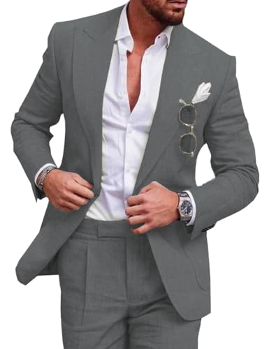 Tiavllya Leinen Anzug für Herren 2-teilig Casual Slim Fit Anzüge Sommer Strand Vintage Hochzeit Bräutigam Blazer Hosen Set （3XL, Grau） von Tiavllya