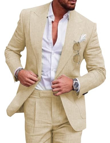 Tiavllya Leinen Anzug für Herren 2-teilig Casual Slim Fit Anzüge Sommer Strand Vintage Hochzeit Bräutigam Blazer Hosen Set （44, Champagner） von Tiavllya