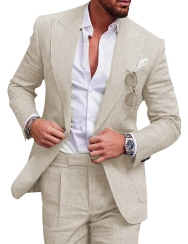 Tiavllya Leinen Anzug für Herren 2-teilig Casual Slim Fit Anzüge Sommer Strand Vintage Hochzeit Bräutigam Blazer Hosen Set （46, Beige） von Tiavllya