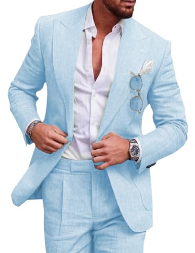 Tiavllya Leinen Anzug für Herren 2-teilig Casual Slim Fit Anzüge Sommer Strand Vintage Hochzeit Bräutigam Blazer Hosen Set （46, Hellblau） von Tiavllya