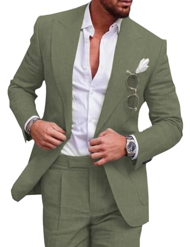 Tiavllya Leinen Anzug für Herren 2-teilig Casual Slim Fit Anzüge Sommer Strand Vintage Hochzeit Bräutigam Blazer Hosen Set （50, Armeegrün） von Tiavllya