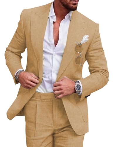 Tiavllya Leinen Anzug für Herren 2-teilig Casual Slim Fit Anzüge Sommer Strand Vintage Hochzeit Bräutigam Blazer Hosen Set （50, Braun） von Tiavllya