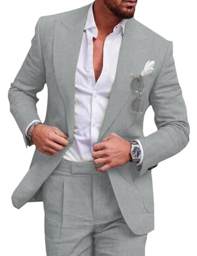 Tiavllya Leinen Anzug für Herren 2-teilig Casual Slim Fit Anzüge Sommer Strand Vintage Hochzeit Bräutigam Blazer Hosen Set （50, Hellgrau） von Tiavllya