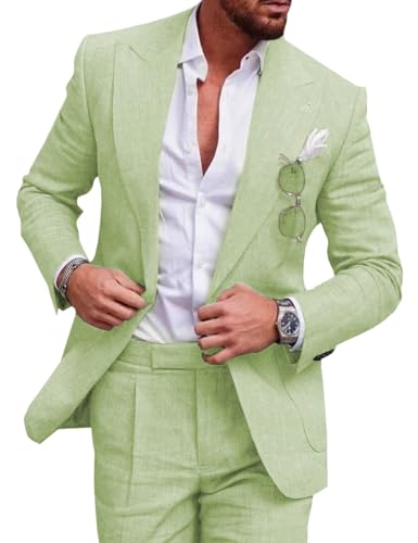 Tiavllya Leinen Anzug für Herren 2-teilig Casual Slim Fit Anzüge Sommer Strand Vintage Hochzeit Bräutigam Blazer Hosen Set （50, Hellgrün） von Tiavllya