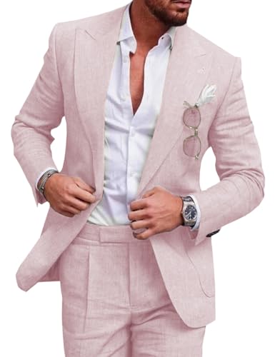 Tiavllya Leinen Anzug für Herren 2-teilig Casual Slim Fit Anzüge Sommer Strand Vintage Hochzeit Bräutigam Blazer Hosen Set （54, Rosa） von Tiavllya