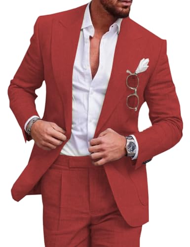 Tiavllya Leinen Anzug für Herren 2-teilig Casual Slim Fit Anzüge Sommer Strand Vintage Hochzeit Bräutigam Blazer Hosen Set （60, Rot） von Tiavllya