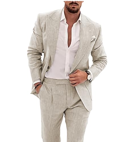 Tiavllya Männer Anzüge Leinen Strand Hochzeit Anzüge 2-teilige Bräutigam Prom Smoking Blazer Hosen Set （50, Beige） von Tiavllya