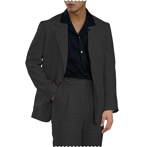 Tiavllya Männer Leinen Anzug 2-teilig Casual Kerbsche Revers Blazer Retro Hochzeit Bräutigam Smoking Prom Anzüge （52, Schwarz） von Tiavllya