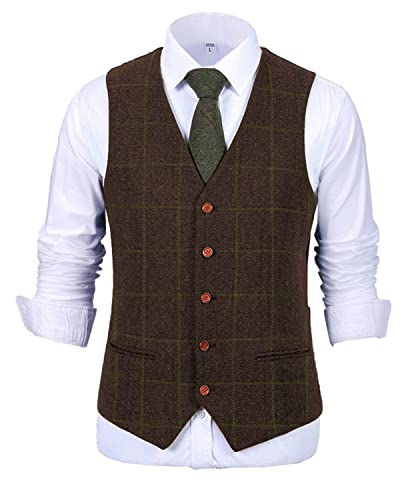 Tiavllya Männer Tweed Plaid Anzug Weste Vintage karierte Wolle Slim Fit Weste für Hochzeit（L, Kaffee） von Tiavllya