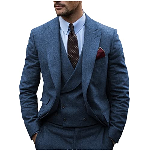 Tiavllya Mens Klassische 3-teilige Anzug Double Breasted Tweed Herringbone Wolle Prom Anzüge für Hochzeit （52, Blau） von Tiavllya