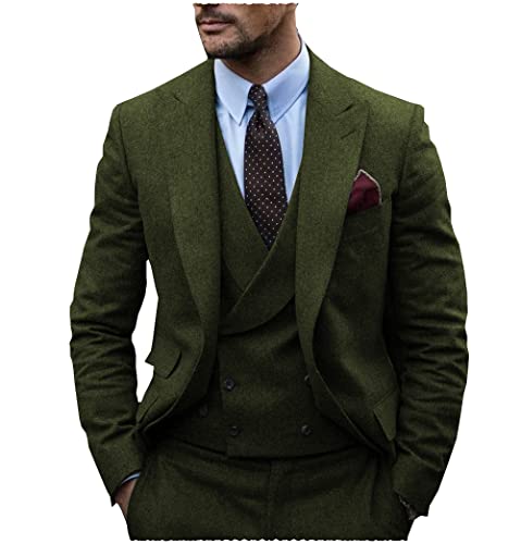 Tiavllya Mens Klassische 3-teilige Anzug Double Breasted Tweed Herringbone Wolle Prom Anzüge für Hochzeit （54, Armeegrün） von Tiavllya