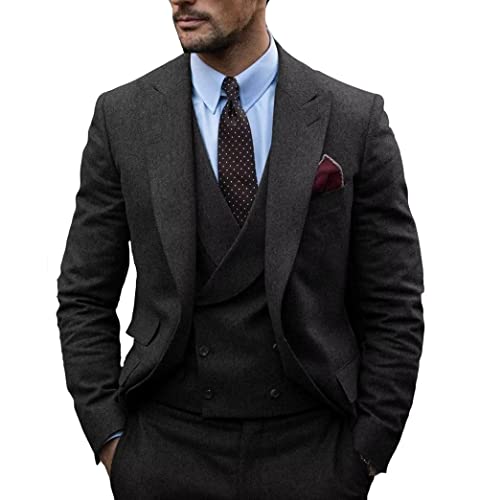 Tiavllya Mens Klassische 3-teilige Anzug Double Breasted Tweed Herringbone Wolle Prom Anzüge für Hochzeit （56, Schwarz） von Tiavllya