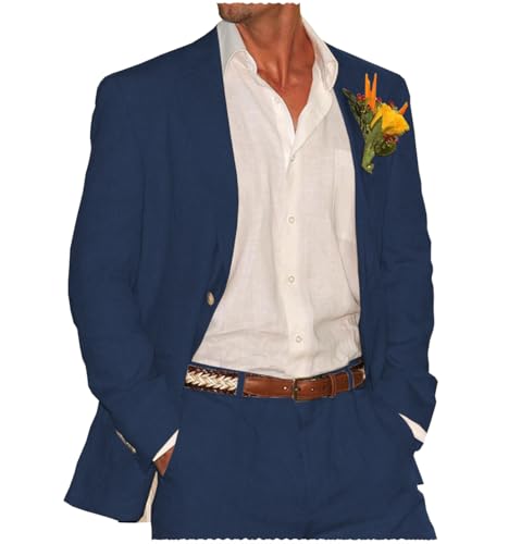 Tiavllya Sommer Leinen Anzüge Herren Zweiteilige Anzüge Set Casual Retro Hochzeit Smokings Party Strandanzug （3XL, Marine） von Tiavllya