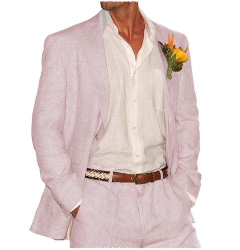 Tiavllya Sommer Leinen Anzüge Herren Zweiteilige Anzüge Set Casual Retro Hochzeit Smokings Party Strandanzug （3XL, Rosa） von Tiavllya