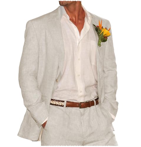 Tiavllya Sommer Leinen Anzüge Herren Zweiteilige Anzüge Set Casual Retro Hochzeit Smokings Party Strandanzug （4XL, Beige） von Tiavllya