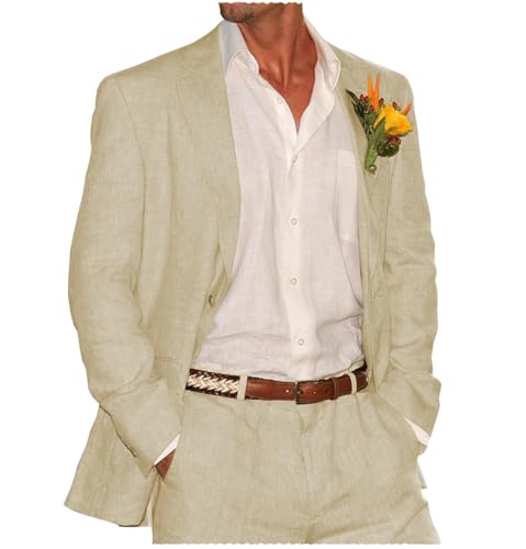 Tiavllya Sommer Leinen Anzüge Herren Zweiteilige Anzüge Set Casual Retro Hochzeit Smokings Party Strandanzug （L,Champagner） von Tiavllya