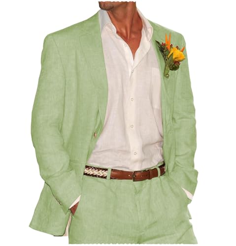 Tiavllya Sommer Leinen Anzüge Herren Zweiteilige Anzüge Set Casual Retro Hochzeit Smokings Party Strandanzug （L,Hellgrün） von Tiavllya