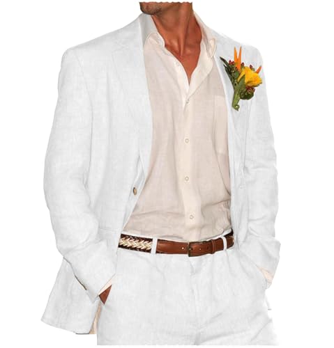 Tiavllya Sommer Leinen Anzüge Herren Zweiteilige Anzüge Set Casual Retro Hochzeit Smokings Party Strandanzug （L,Weiß） von Tiavllya