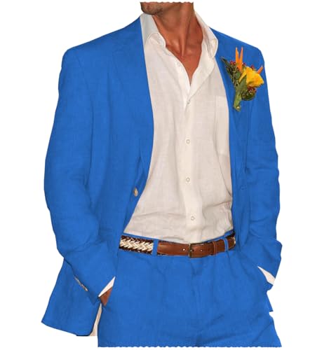 Tiavllya Sommer Leinen Anzüge Herren Zweiteilige Anzüge Set Casual Retro Hochzeit Smokings Party Strandanzug （XL, Blau） von Tiavllya